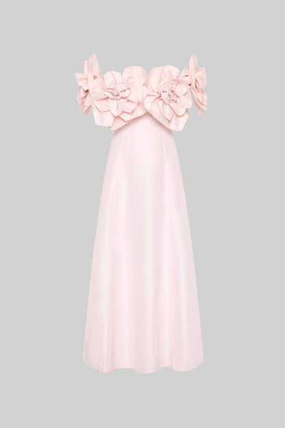 Off-Shoulder Midi Dress With Large Fabric Floral Accents - Pink